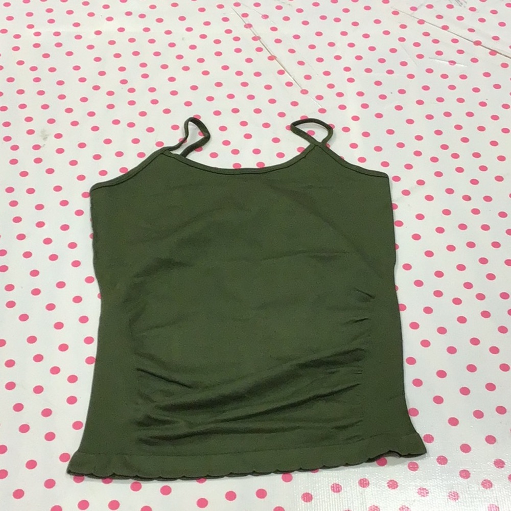 Ruched sides cami, scalloped bottom, one size, olive green